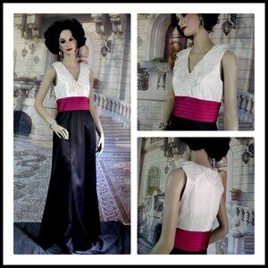 JS Collections Evening Dress Sz 6 Black Skirt White Bodice wRuffle Scarlet Waist
